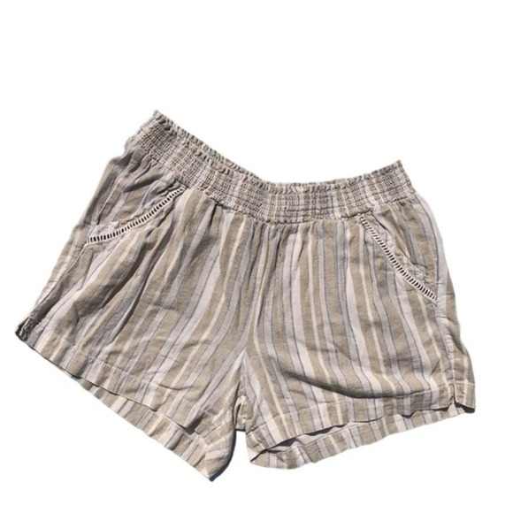 Briggs Tan Beige Linen Blend Elastic Waist Strap Pattern Short Size Large - Picture 1 of 7